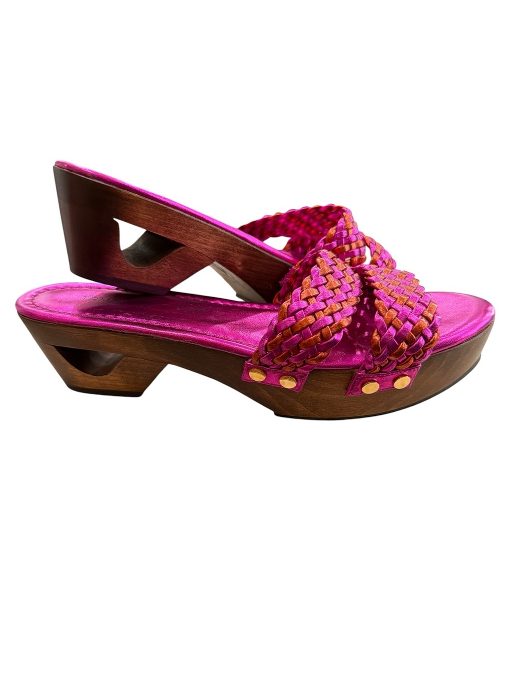 Tamara Mellon Hot Pink Braided Slide Clogs with Wood Platform sz 7